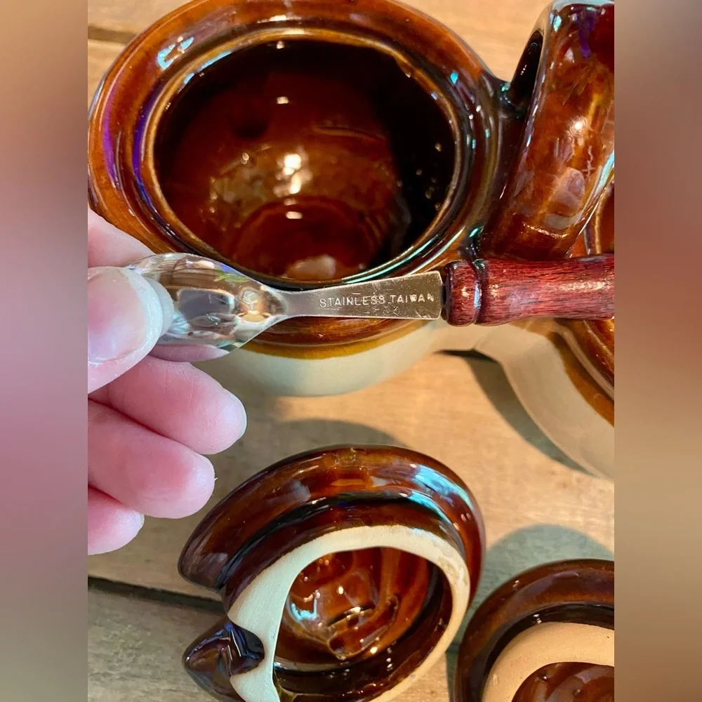 🔥Brown Drip Condiment Double Bowl with Lids & Spoons🔥